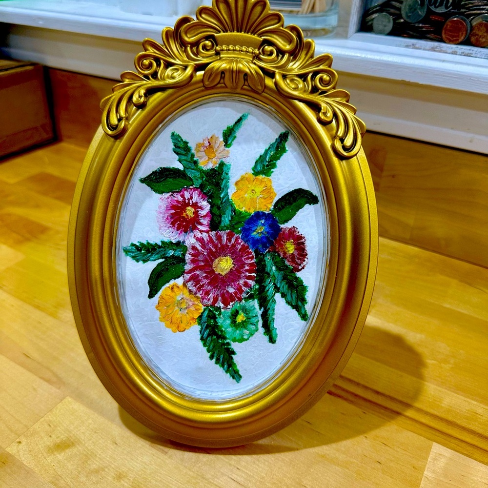 Hand painted oil pastel floral in vintage style frame